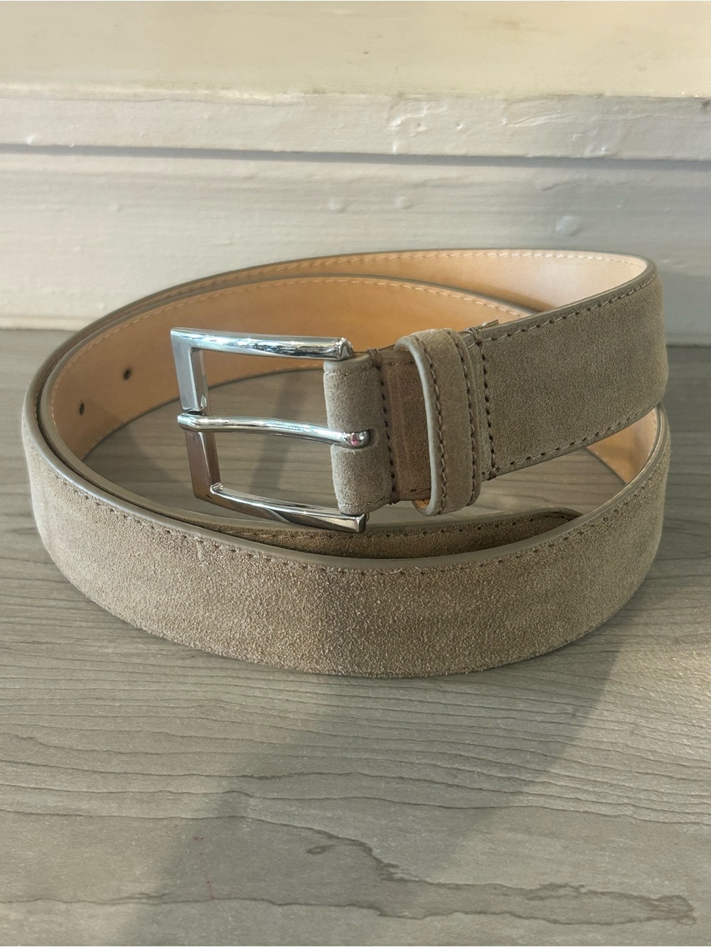 To Boot New York Taupe Suede Belt 36 Made in Italy Leather Silver Buckle